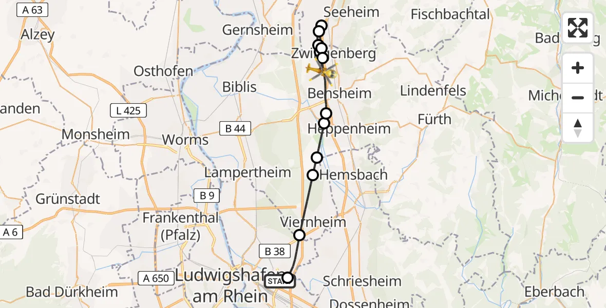Flugroute Rettungshubschrauber Mannheim-City Flughafen - Bensheim, 28 August 2026, 14:46