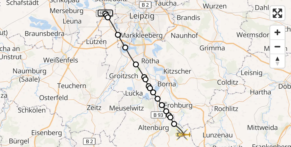 Flugroute Rettungshubschrauber ADAC Air Rescue Station Leipzig/Schkeuditz-Dölzig Hubschrauberlandeplatz (Christoph 61) - Langenleuba-Niederhain, 28 August 2026, 14:51