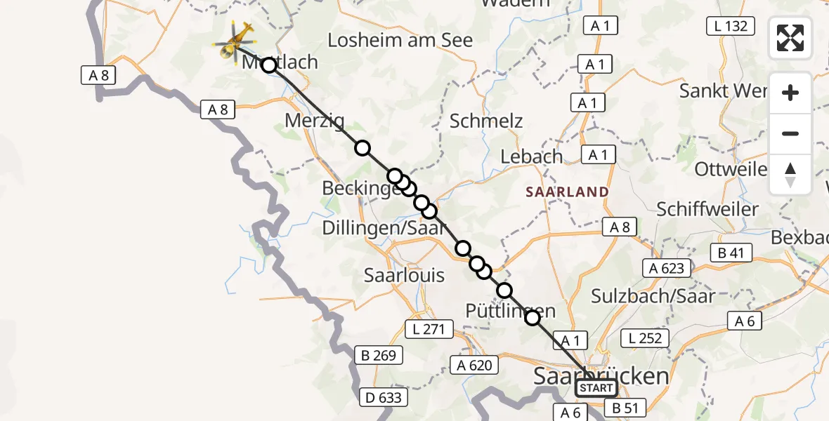 Flugroute Rettungshubschrauber Saarbrücken - Mettlach, 28 August 2026, 14:53