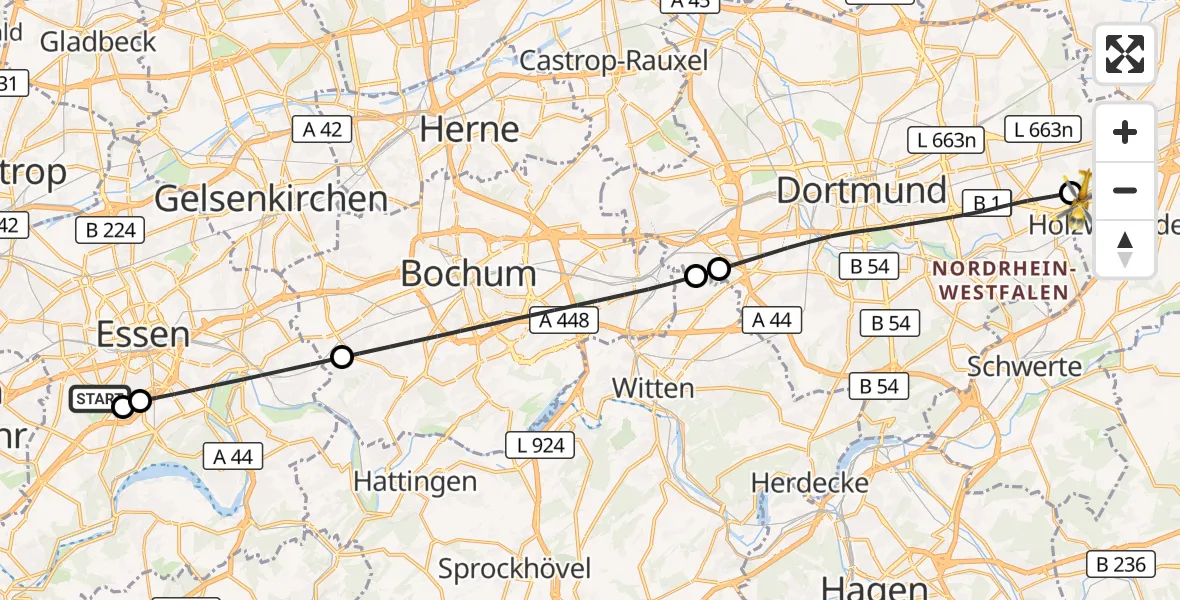 Flugroute Rettungshubschrauber Essen - Dortmund Flughafen, 28 August 2026, 15:15