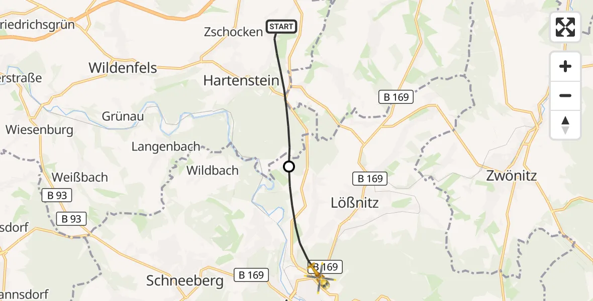 Flugroute Rettungshubschrauber Hartenstein - Helios Clinic Aue Hubschrauberlandeplatz, 28 August 2026, 15:16