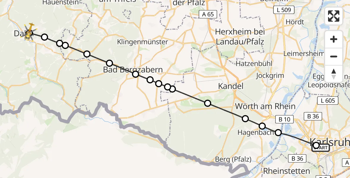 Flugroute Ambulanzhubschrauber Sankt Vincentius Hospital - Dahn, 28 August 2026, 15:20