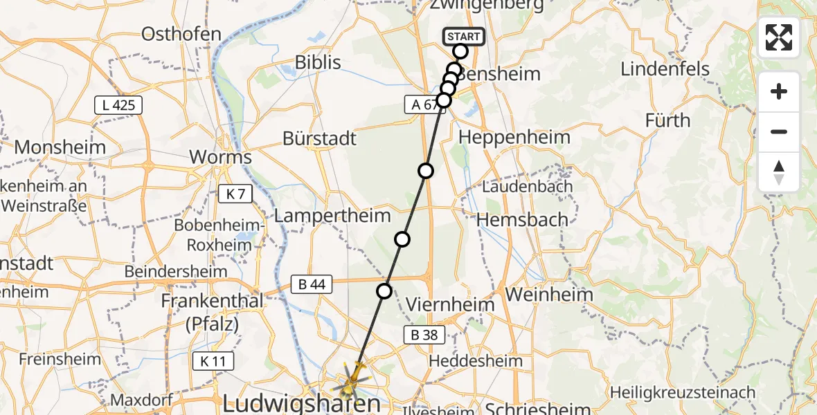 Flugroute Rettungshubschrauber Bensheim - Mannheim, 28 August 2026, 15:21