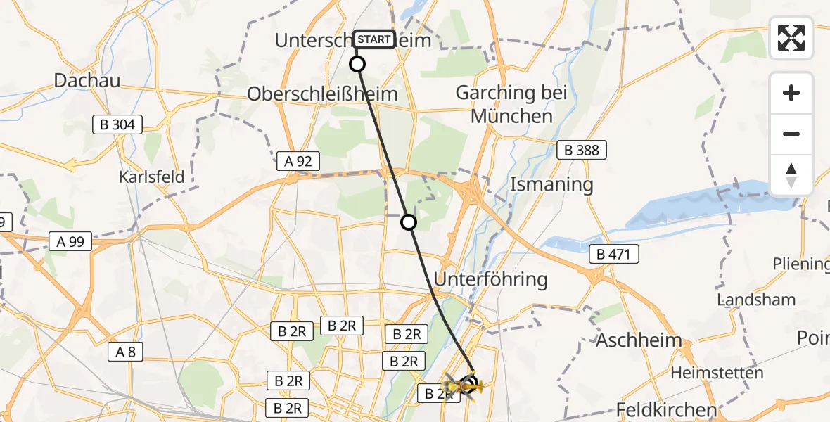 Flugroute Rettungshubschrauber Unterschleißheim - München Bogenhausen Hospital, 28 August 2026, 15:22