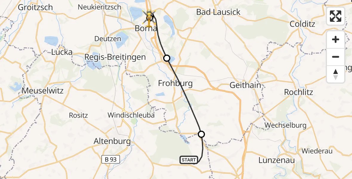 Flugroute Rettungshubschrauber Langenleuba-Niederhain - Sana Hospital Borna, 28 August 2026, 15:28