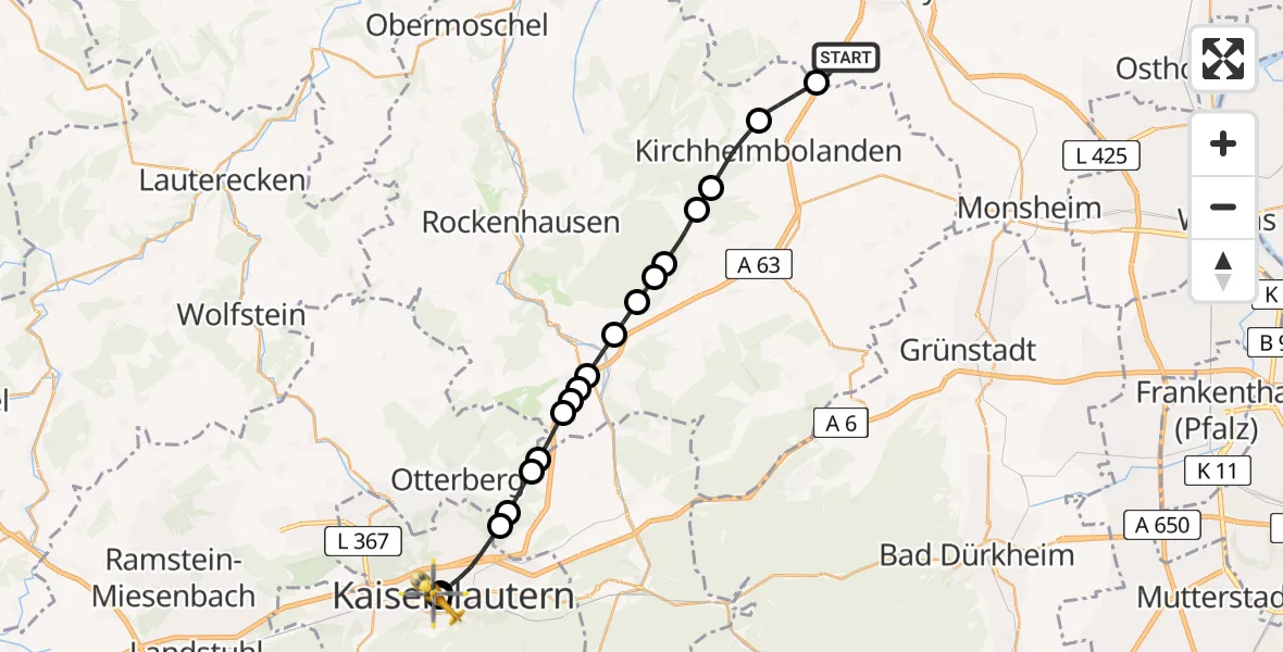 Flugroute Rettungshubschrauber Freimersheim - Westpfalz Hospital Kaiserslautern, 28 August 2026, 15:31