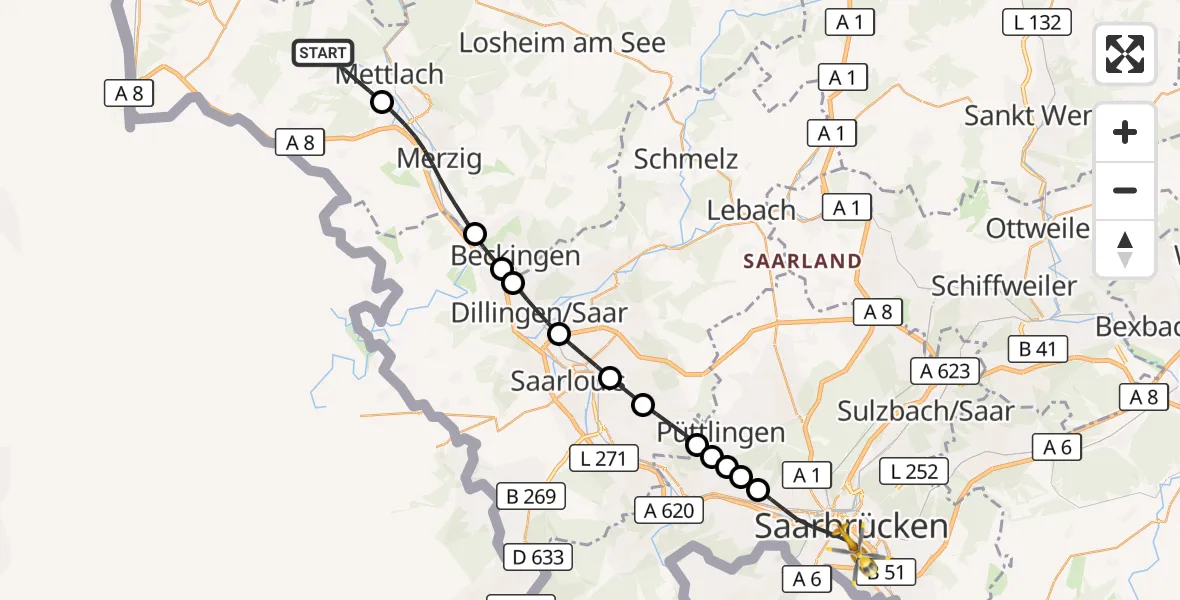 Flugroute Rettungshubschrauber Mettlach - Saarbrücken, 28 August 2026, 15:33