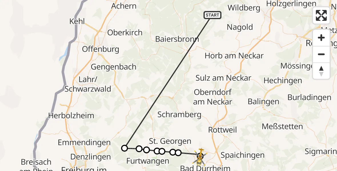 Flugroute Ambulanzhubschrauber Altensteig - DRF Air Rescue Station Villingen-Schwenningen Hubschrauberlandeplatz (Christoph 11), 28 August 2026, 15:39