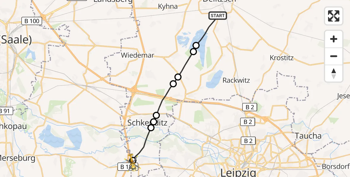 Flugroute Rettungshubschrauber Delitzsch - ADAC Air Rescue Station Leipzig/Schkeuditz-Dölzig Hubschrauberlandeplatz (Christoph 61), 28 August 2026, 15:48