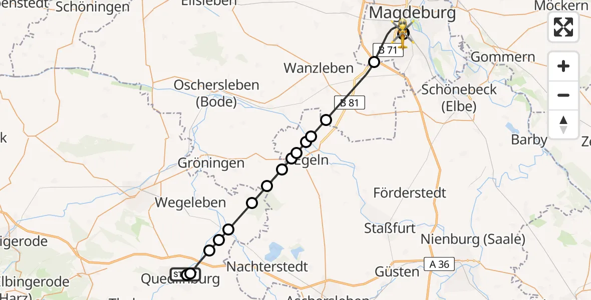Flugroute Rettungshubschrauber Harz Hospital Quedlinburg - Magdeburg University Hospital, 28 August 2026, 15:49