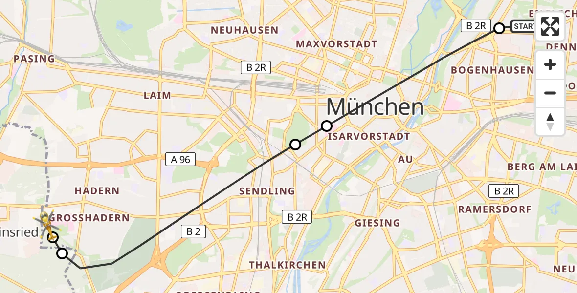Flugroute Rettungshubschrauber München Bogenhausen Hospital - DRF Air Rescue München Hubschrauberlandeplatz, 28 August 2026, 15:57