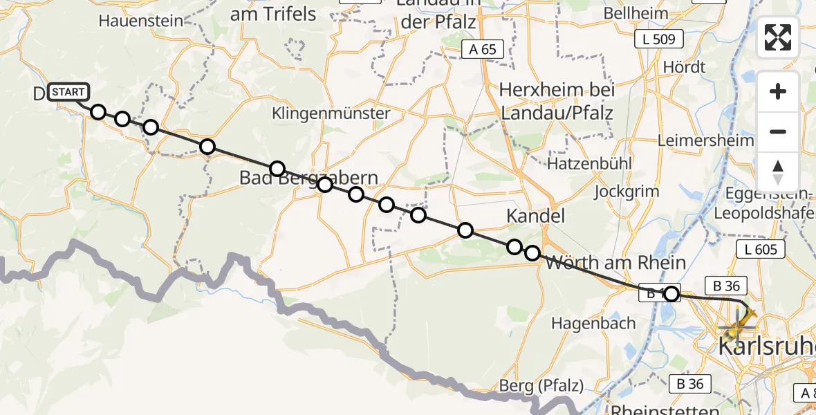 Flugroute Ambulanzhubschrauber Dahn - Karlsruhe, 28 August 2026, 15:59
