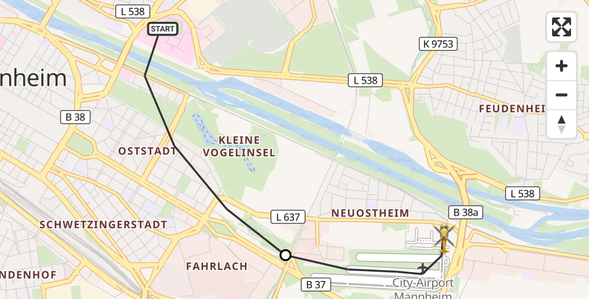 Flugroute Rettungshubschrauber Mannheim - Mannheim-City Flughafen, 28 August 2026, 15:59