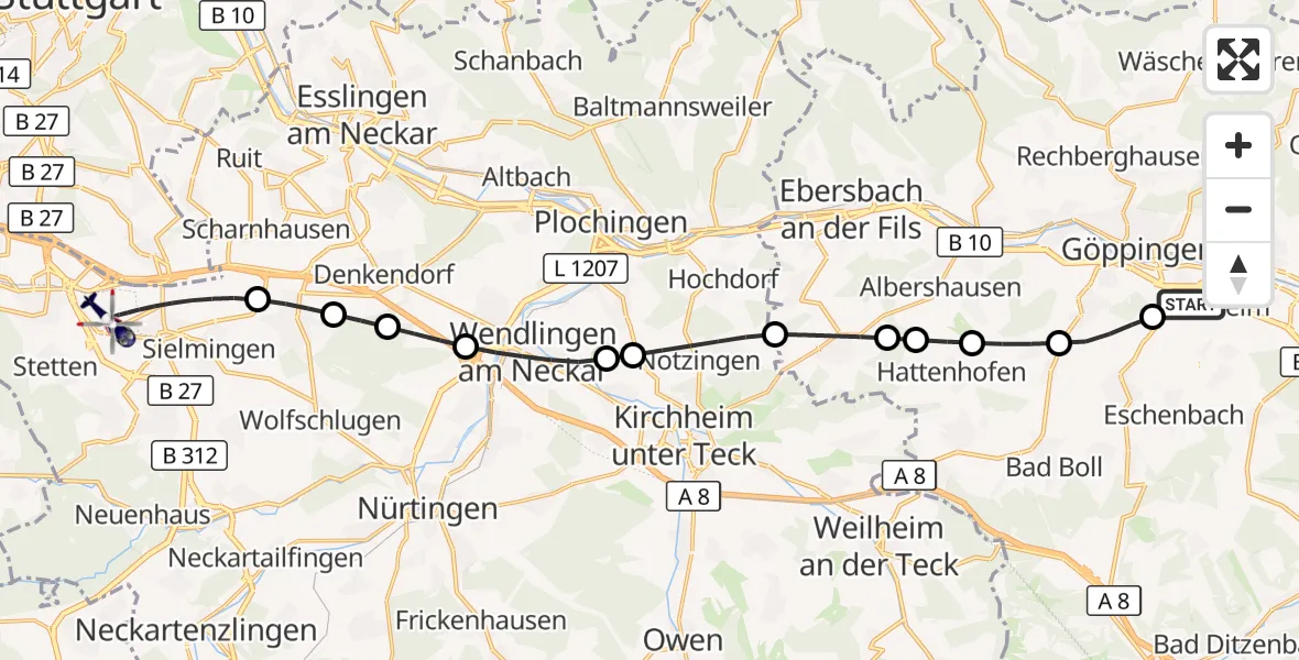 Flugroute Polizeihubschrauber Göppingen - Flughafen Stuttgart, 28 August 2026, 16:07