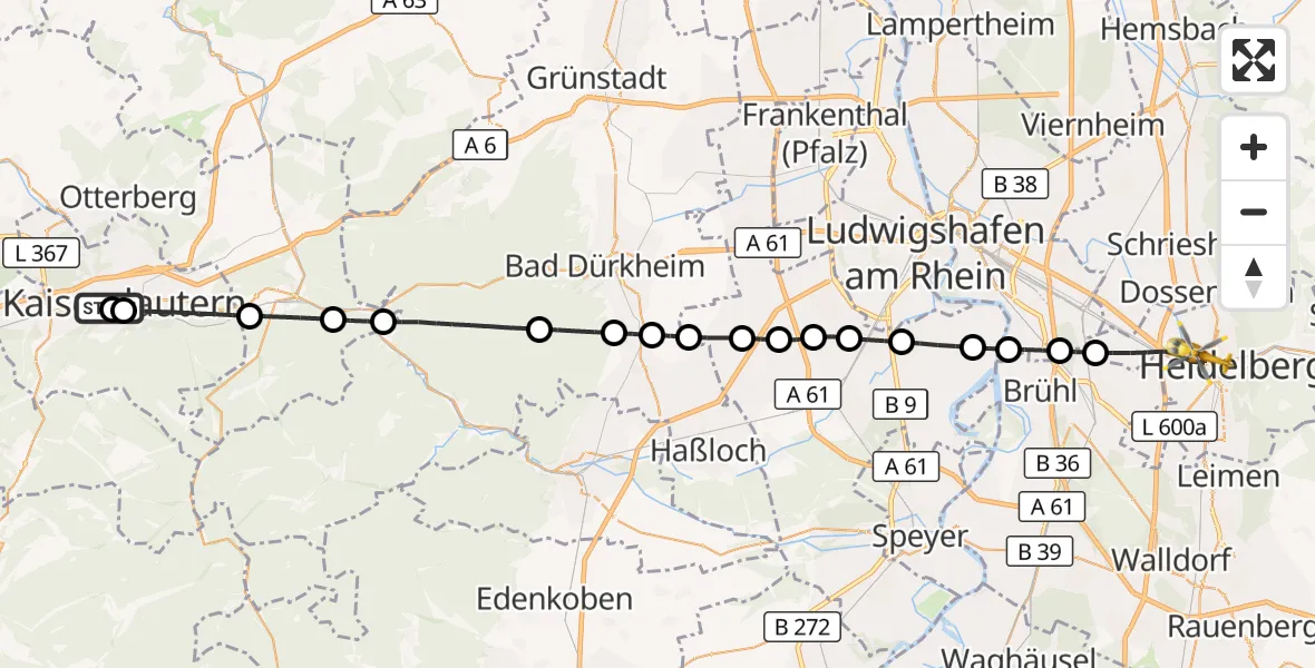 Flugroute Rettungshubschrauber Westpfalz Hospital Kaiserslautern - Heidelberg, 28 August 2026, 16:08