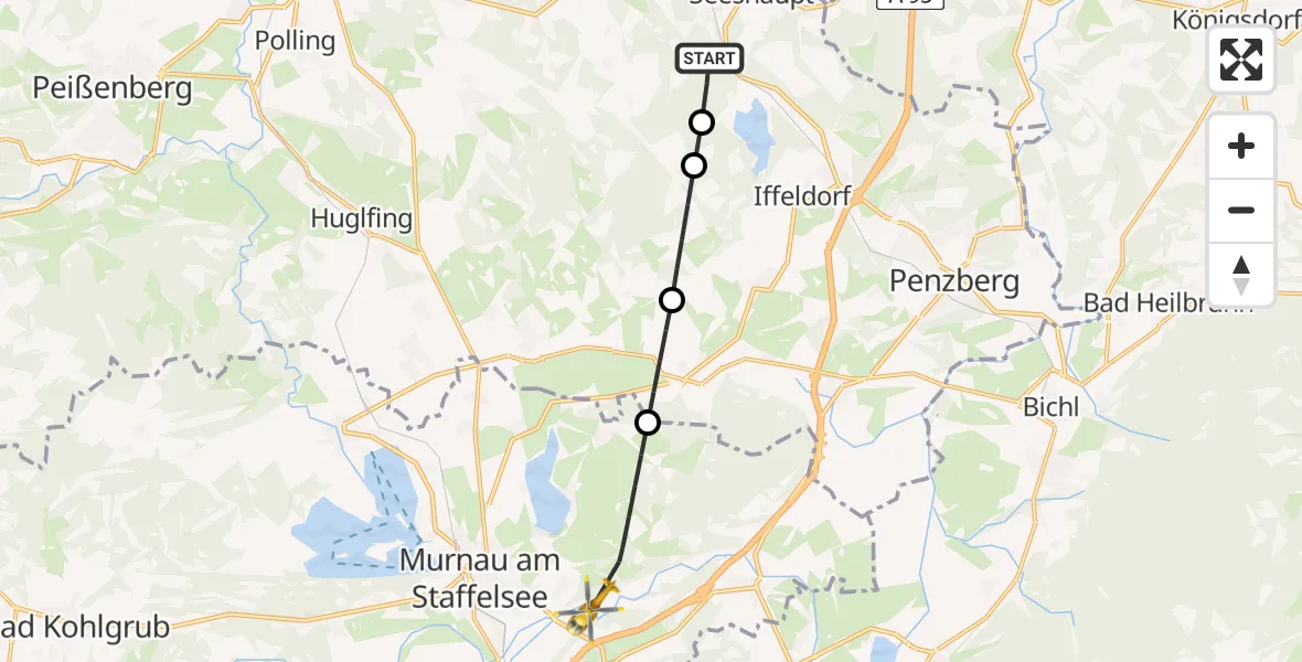 Flugroute Rettungshubschrauber Seeshaupt - Riegsee, 28 August 2026, 16:20