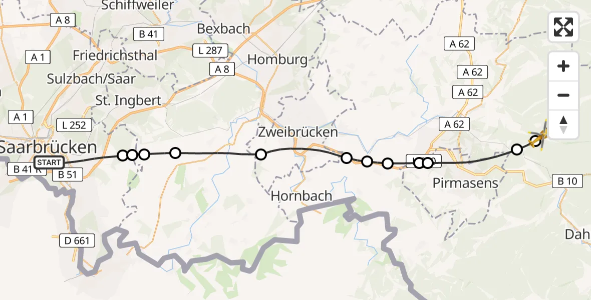 Flugroute Rettungshubschrauber Saarbrücken - Merzalben, 28 August 2026, 16:39