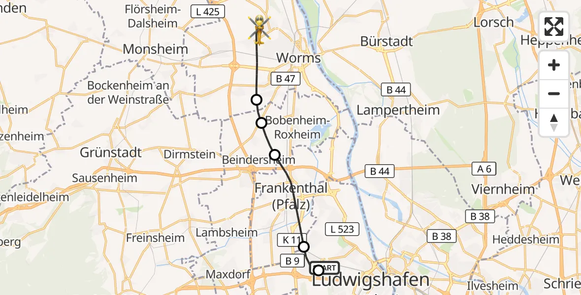 Flugroute Rettungshubschrauber Ludwigshafen Accident Hospital - Worms, 28 August 2026, 16:41