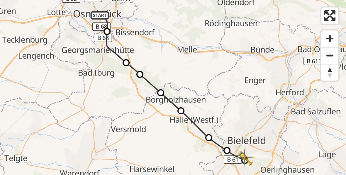 Flugroute Rettungshubschrauber Osnabrück - Luftrettungszentrum Bielefeld, 28 August 2026, 16:42