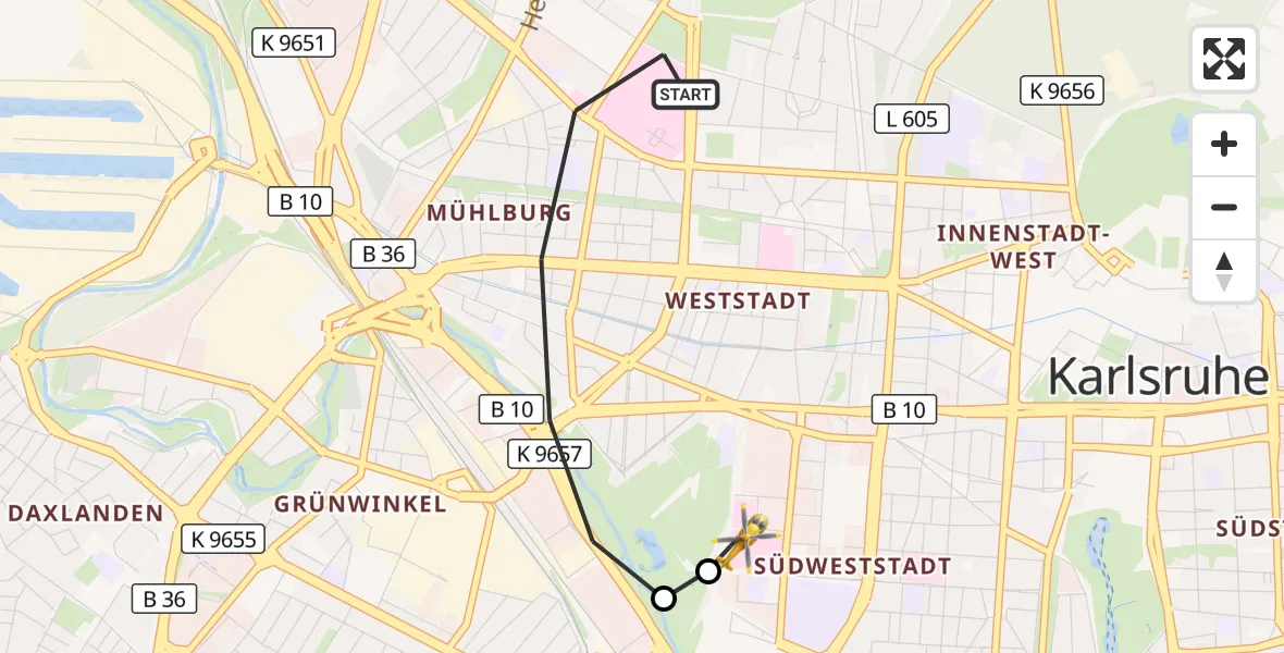 Flugroute Ambulanzhubschrauber Karlsruhe - Sankt Vincentius Hospital, 28 August 2026, 16:46