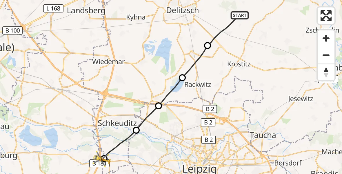 Flugroute Rettungshubschrauber Schönwölkau - ADAC Air Rescue Station Leipzig/Schkeuditz-Dölzig Hubschrauberlandeplatz (Christoph 61), 28 August 2026, 17:00