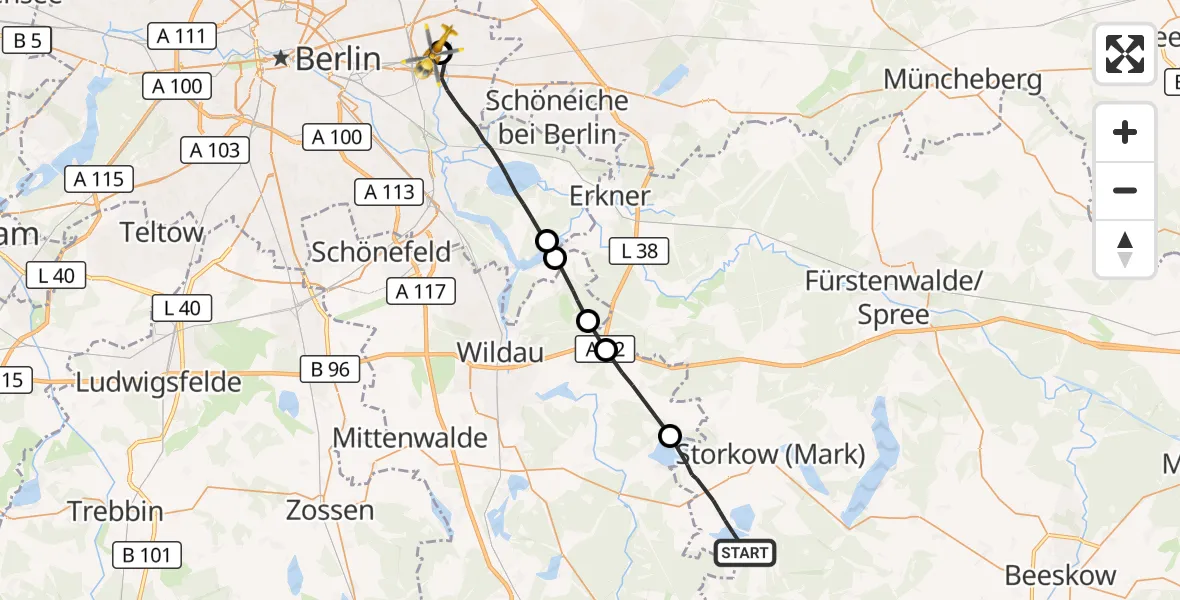 Flugroute Rettungshubschrauber Storkow (Mark) - Berlin Emergency Hospital Hubschrauberlandeplatz, 28 August 2026, 17:11