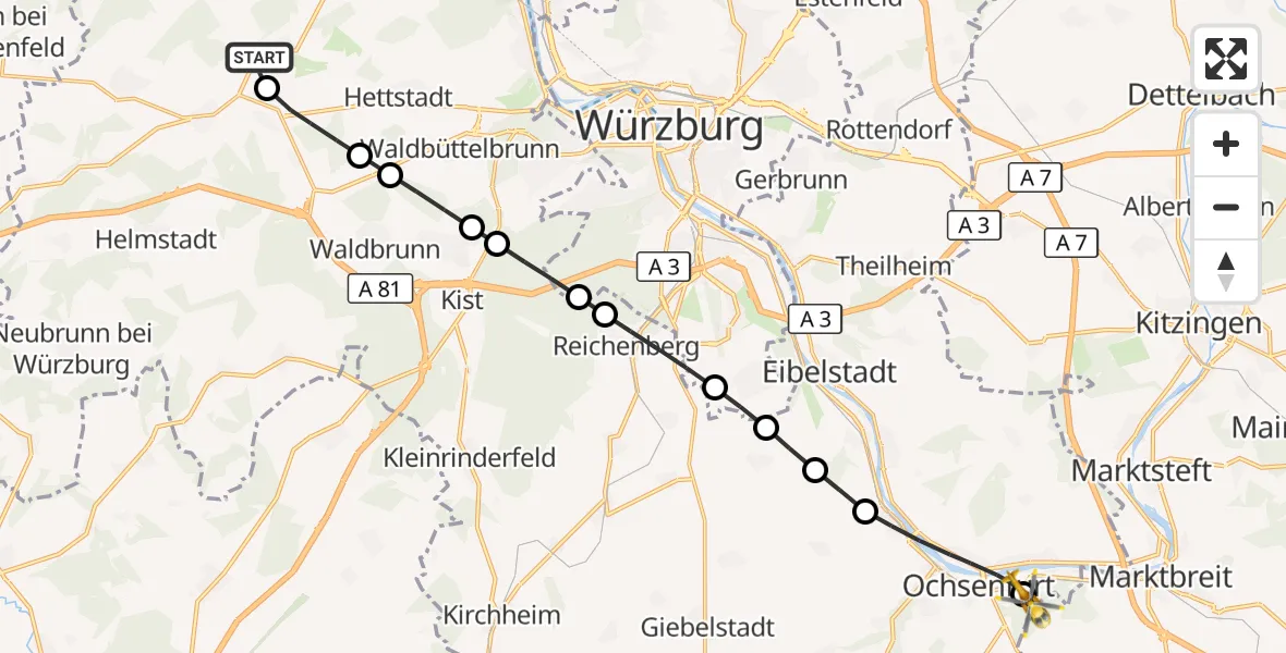 Flugroute Rettungshubschrauber Greußenheim - Ochsenfurt Hospital, 28 August 2026, 17:13