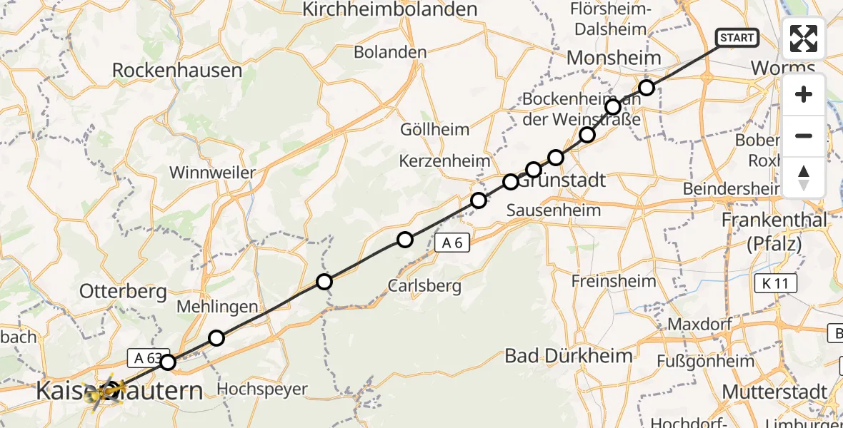 Flugroute Rettungshubschrauber Worms - Westpfalz Hospital Kaiserslautern, 28 August 2026, 17:23