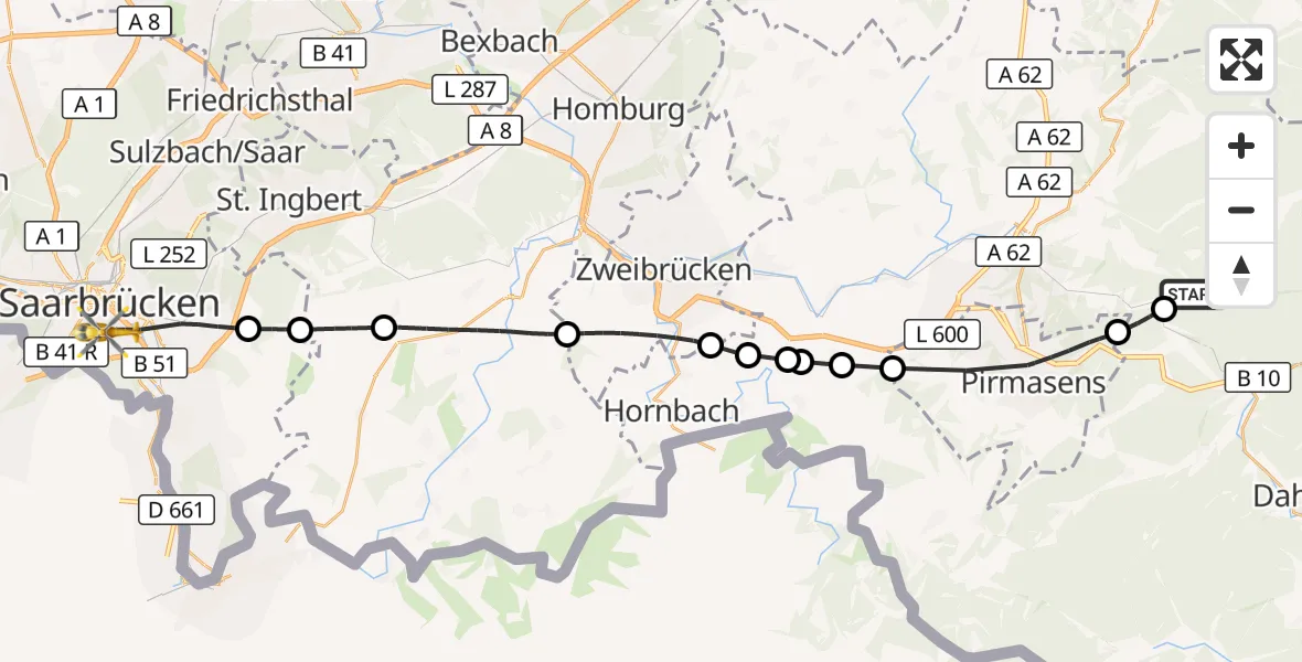 Flugroute Rettungshubschrauber Merzalben - Saarbrücken, 28 August 2026, 17:27