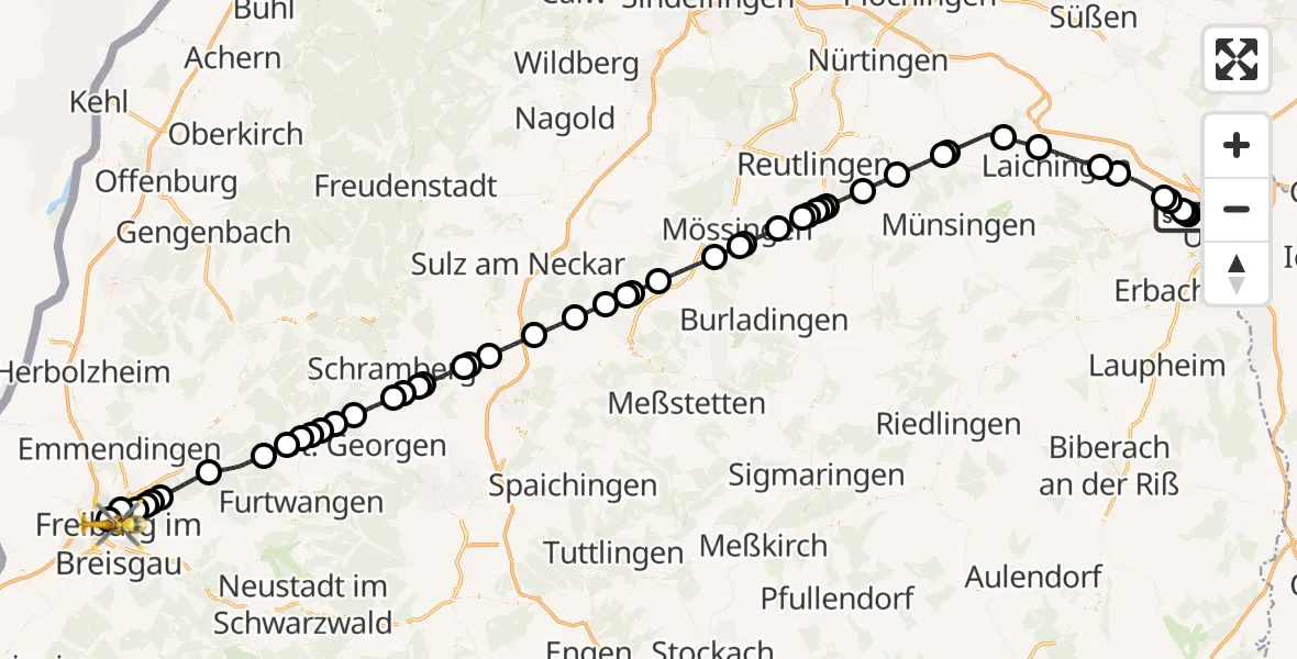 Flugroute Ambulanzhubschrauber Ulm Military Hospital Emergency - Freiburg im Breisgau Flugplatz, 28 August 2026, 17:29
