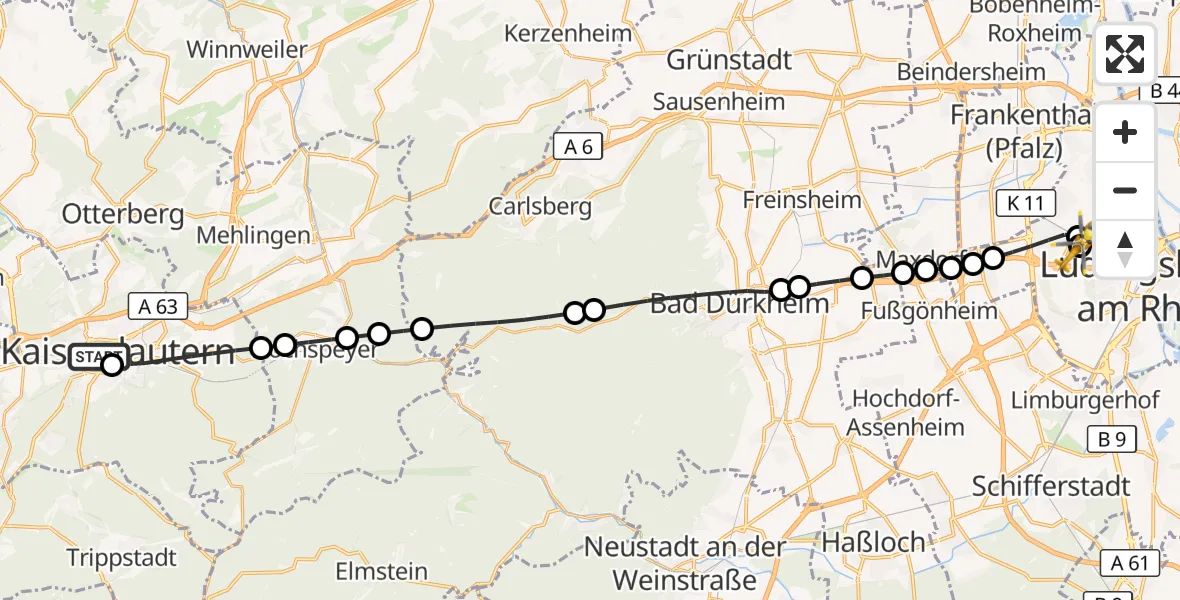 Flugroute Rettungshubschrauber Westpfalz Hospital Kaiserslautern - Ludwigshafen Accident Hospital, 28 August 2026, 17:58