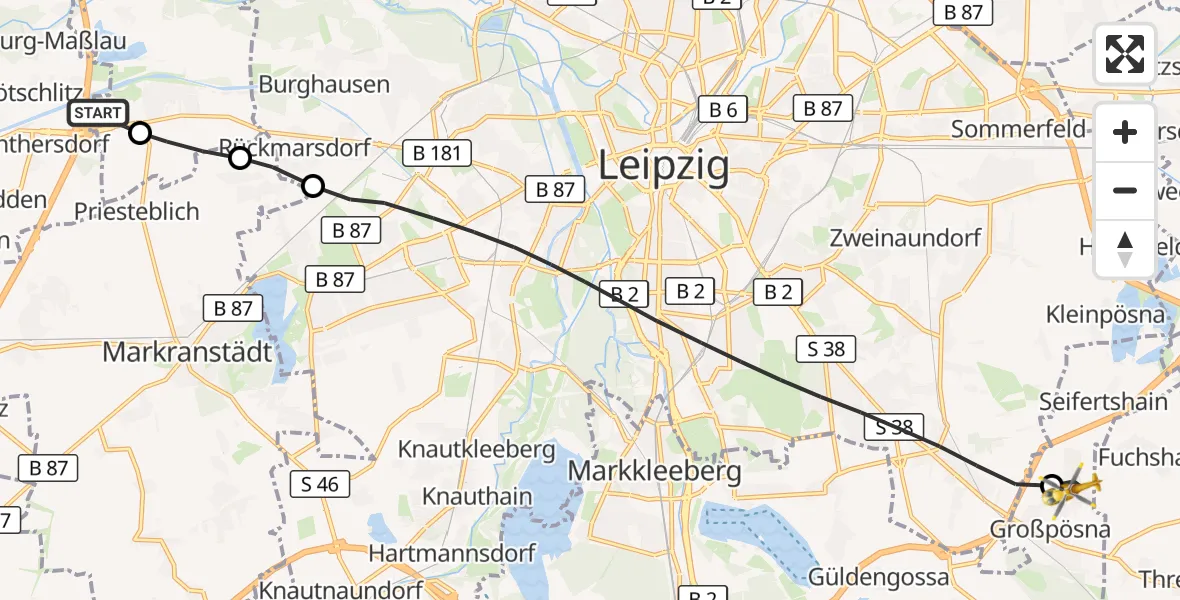 Flugroute Rettungshubschrauber ADAC Air Rescue Station Leipzig/Schkeuditz-Dölzig Hubschrauberlandeplatz (Christoph 61) - Großpösna, 28 August 2026, 18:02