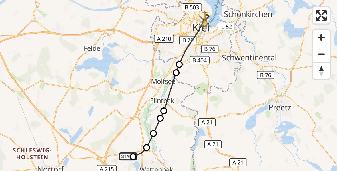Flugroute Ambulanzhubschrauber Hoffeld - Kiel, 28 August 2026, 18:42