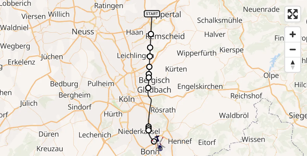 Flugroute Polizeihubschrauber Wuppertal - Sankt Augustin, 28 August 2026, 20:29