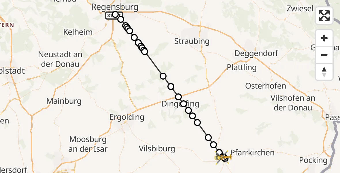 Flugroute Rettungshubschrauber DRF Air Rescue Station Regensburg / Regensburg University Hospital - Eggenfelden District Hospital, 28 August 2026, 23:21