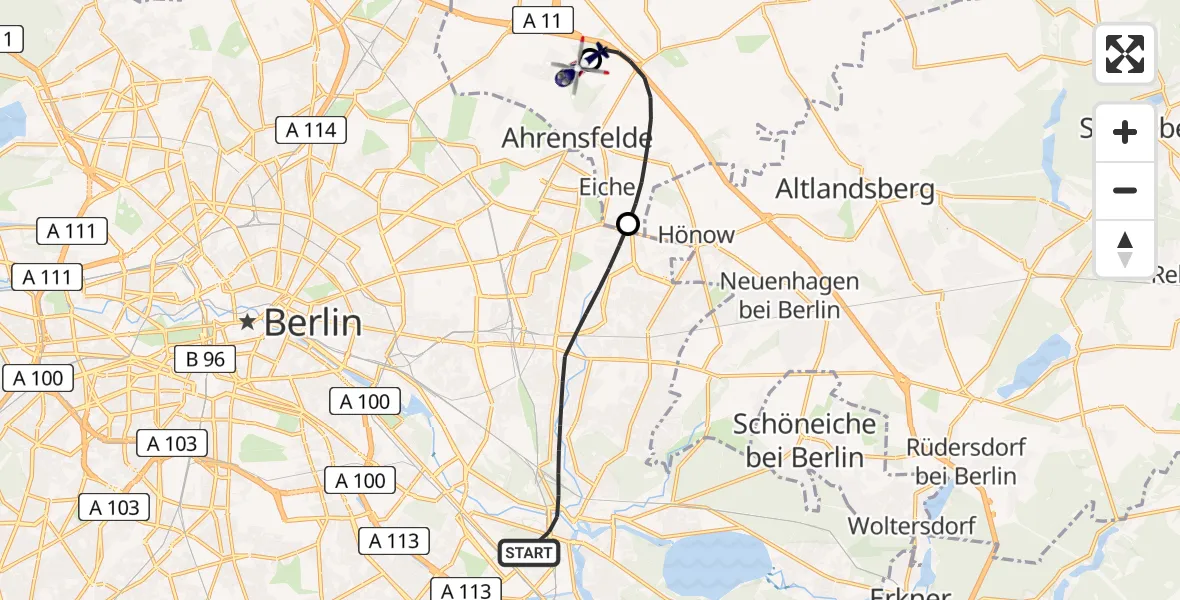 Flugroute Polizeihubschrauber Berlin - Ahrensfelde Hubschrauberlandeplatz, 28 August 2026, 23:31