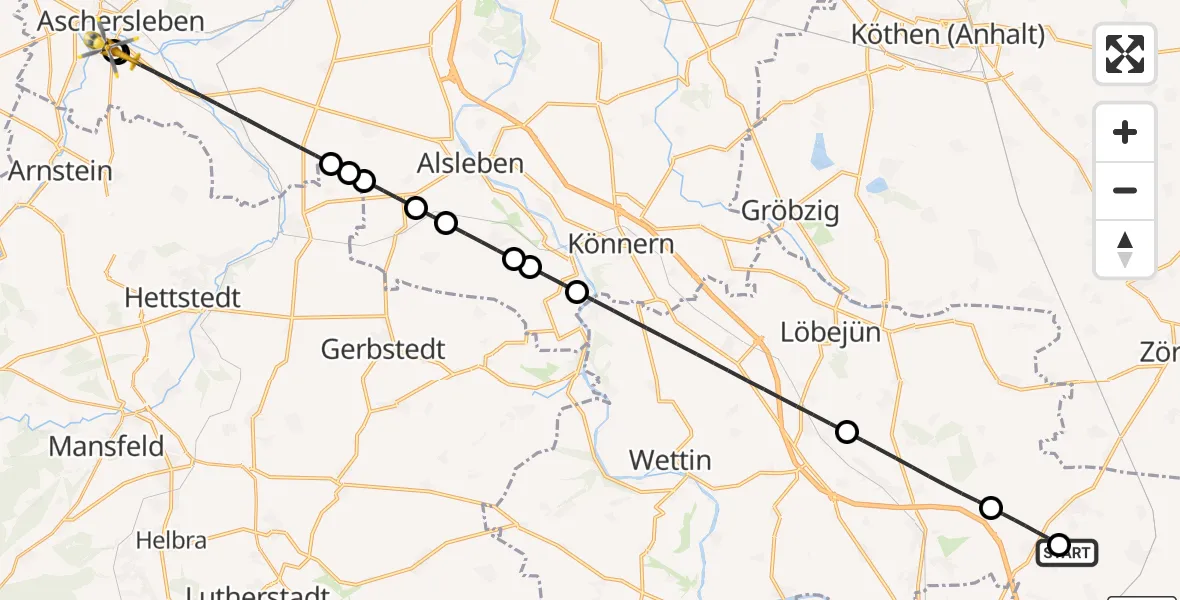 Flugroute Rettungshubschrauber Halle-Oppin Flugplatz - AMEOS Hospital Aschersleben, 28 August 2026, 23:33