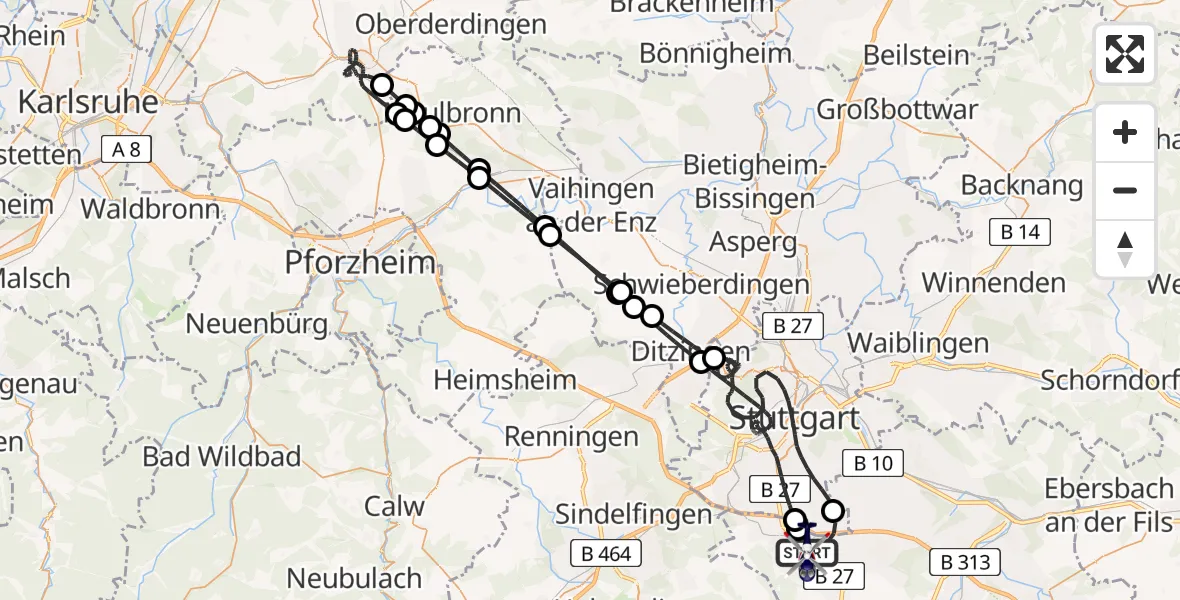 Flugroute Polizeihubschrauber Flughafen Stuttgart - Flughafen Stuttgart, 28 August 2026, 23:33