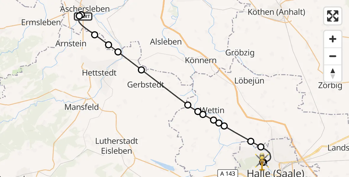Flugroute Rettungshubschrauber AMEOS Hospital Aschersleben - Halle (Saale) University Hospital, 29 August 2026, 00:21