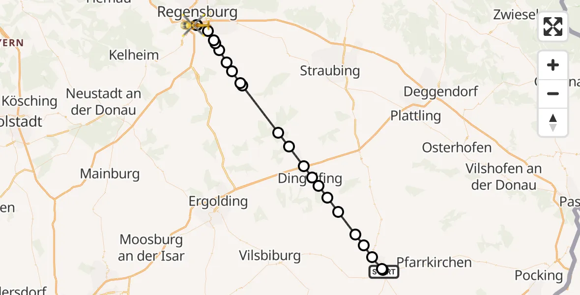 Flugroute Rettungshubschrauber Eggenfelden District Hospital - DRF Air Rescue Station Regensburg / Regensburg University Hospital, 29 August 2026, 00:34