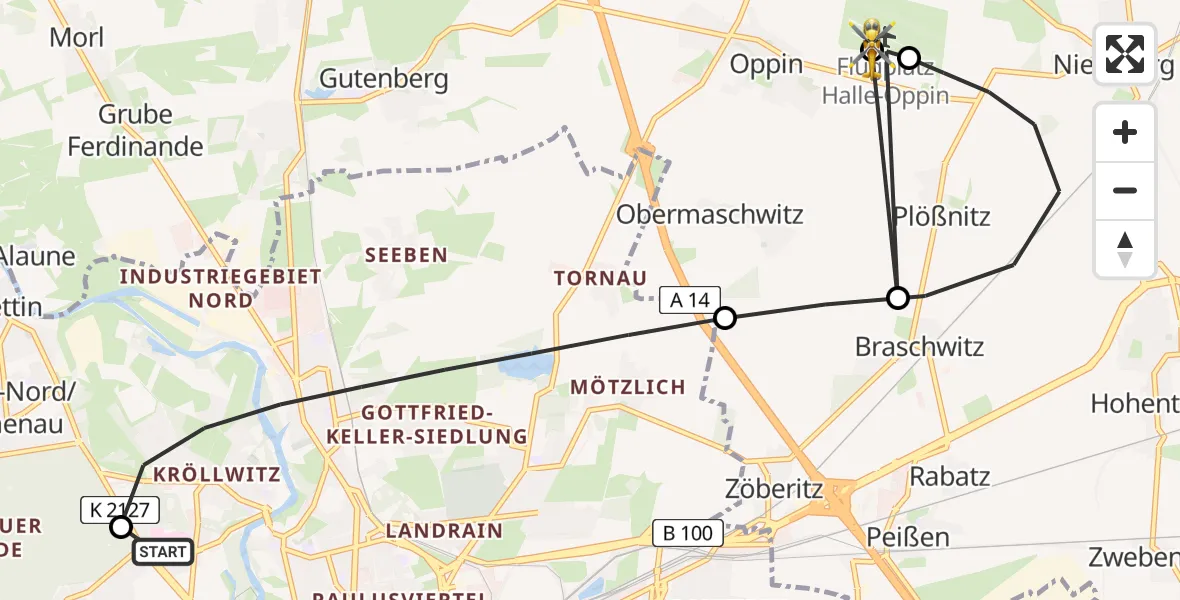 Flugroute Rettungshubschrauber Halle (Saale) University Hospital - Halle-Oppin Flugplatz, 29 August 2026, 00:59