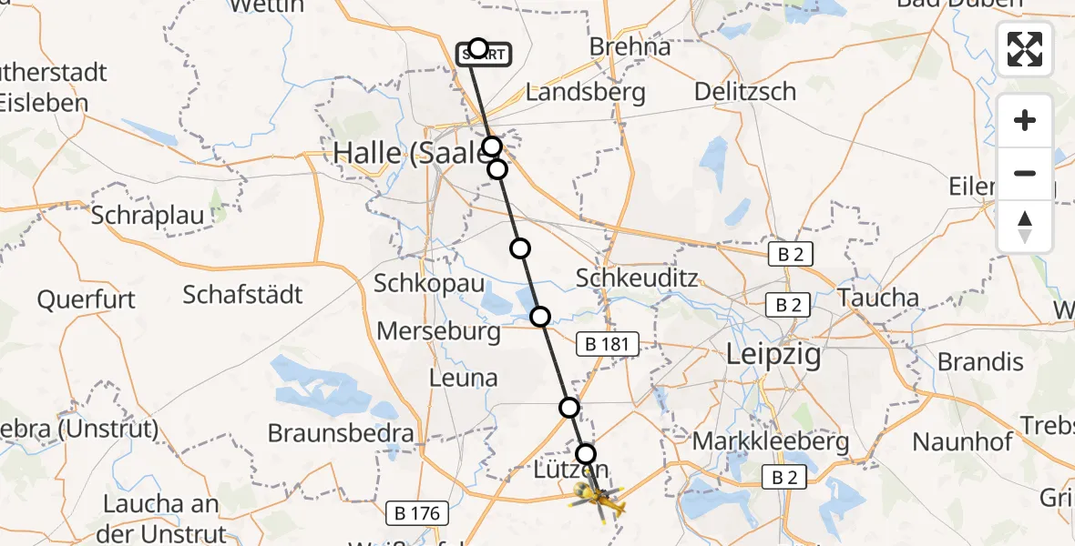 Flugroute Rettungshubschrauber Halle-Oppin Flugplatz - Lützen, 29 August 2026, 03:25