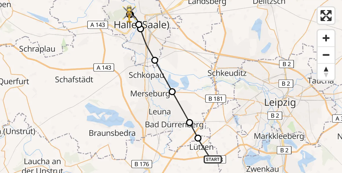 Flugroute Rettungshubschrauber Lützen - Halle (Saale) University Hospital, 29 August 2026, 04:02