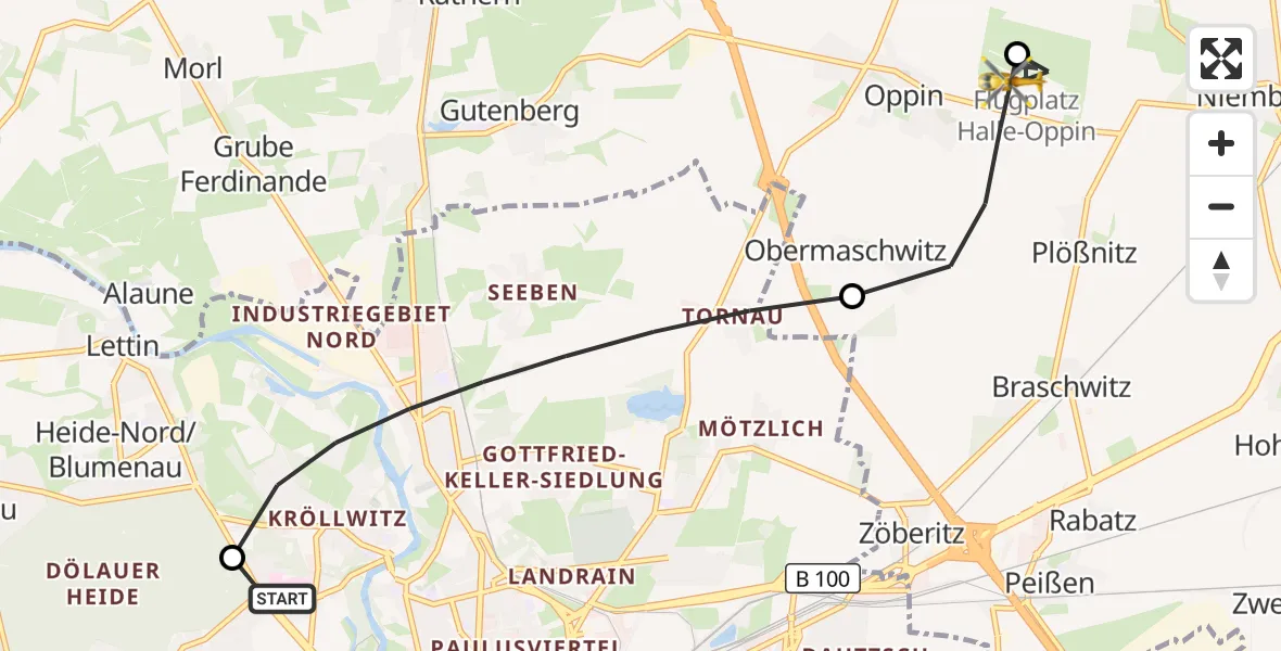 Flugroute Rettungshubschrauber Halle (Saale) University Hospital - Halle-Oppin Flugplatz, 29 August 2026, 04:44