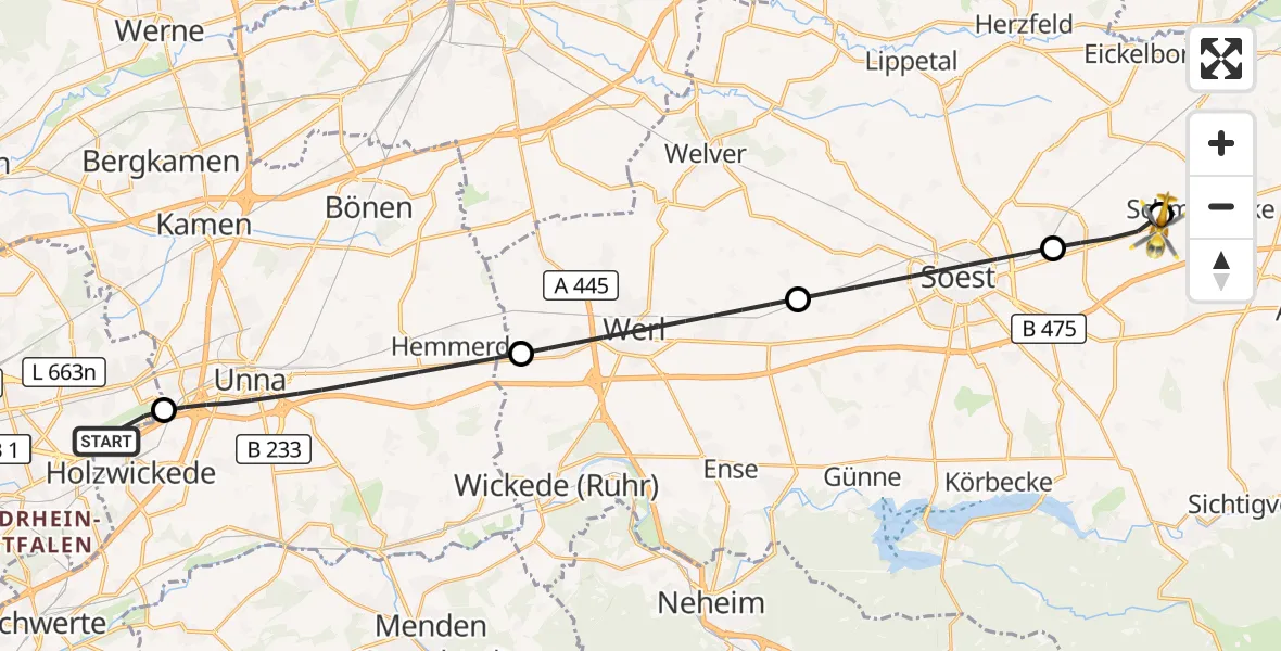 Flugroute Rettungshubschrauber Dortmund Flughafen - Erwitte, 29 August 2026, 05:04