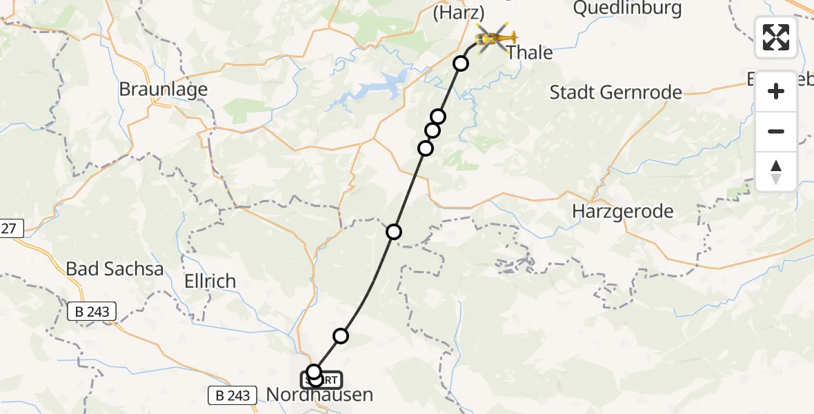 Flugroute Rettungshubschrauber Südharz Hospital Nordhausen - Blankenburg (Harz), 29 August 2026, 05:18