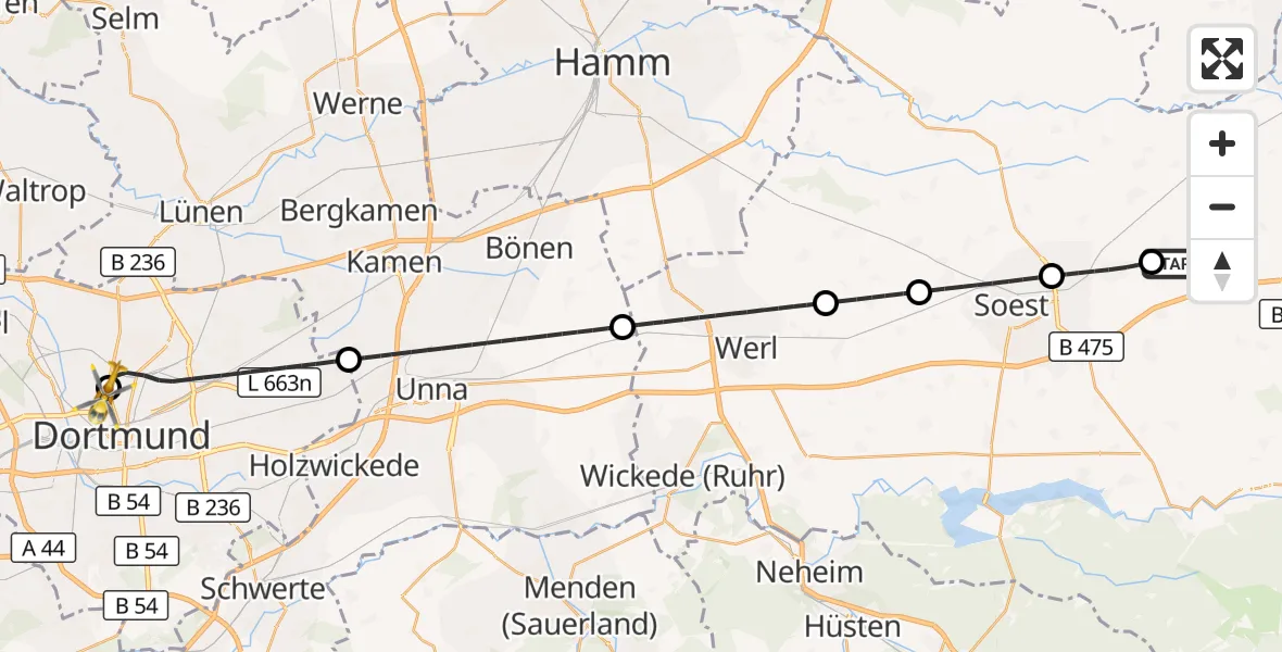 Flugroute Rettungshubschrauber Erwitte - Dortmund Hospital North, 29 August 2026, 06:01