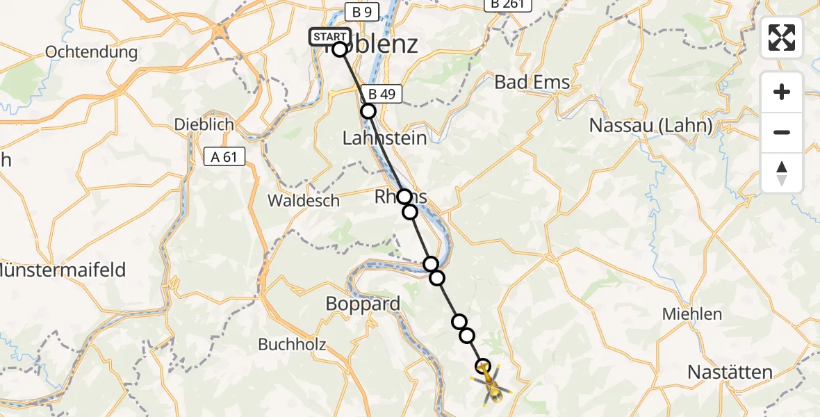 Flugroute Rettungshubschrauber Kemperhof Koblenz Klinikum Hubschrauberlandeplatz - Prath, 29 August 2026, 06:23