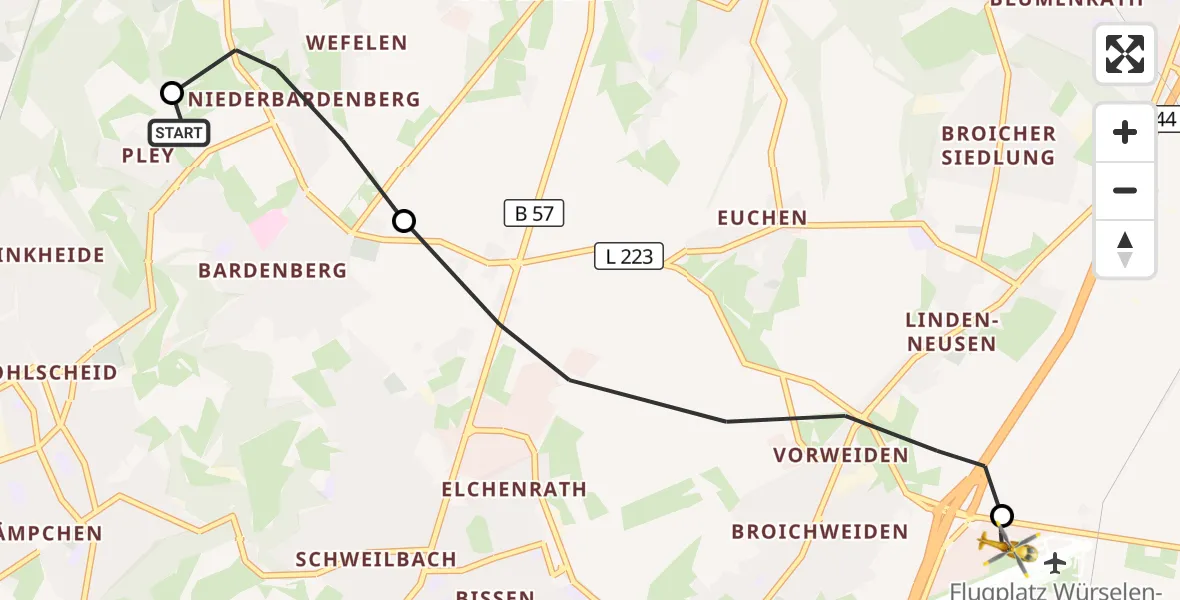 Flugroute Rettungshubschrauber Würselen - Aachen-Merzbrück Flughafen, 29 August 2026, 06:32