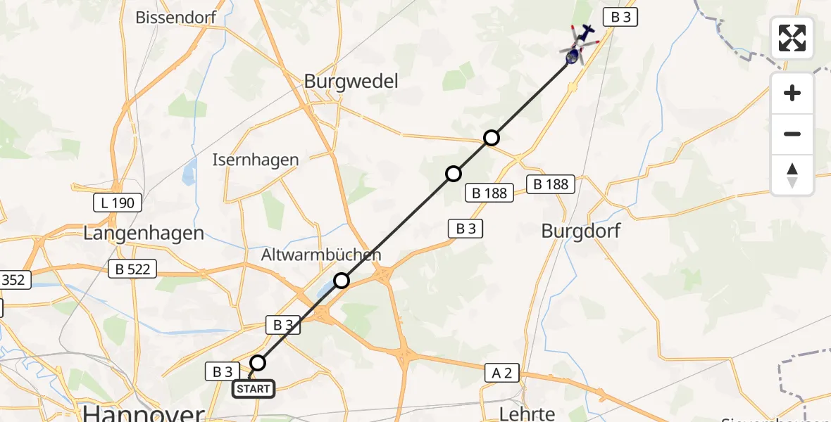 Flugroute Polizeihubschrauber Hannover Luftrettung Hubschrauberlandeplatz (Christoph 4) - Burgdorf, 29 August 2026, 06:56